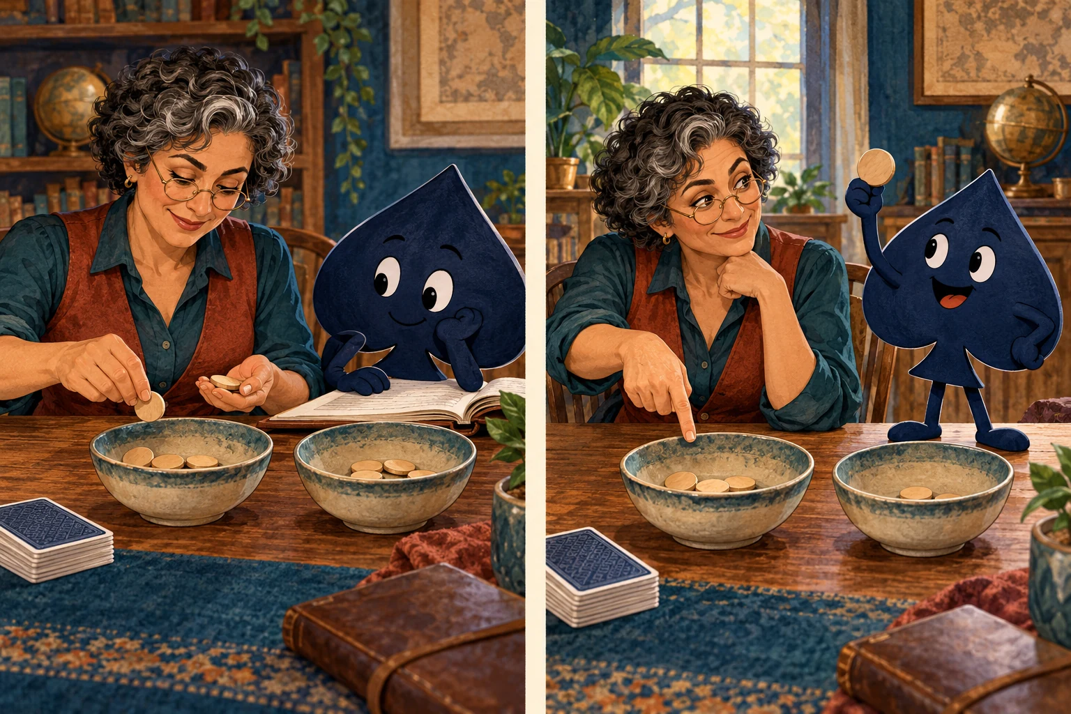 A two-panel comic shows Mara dividing wooden counters and the spade holding up one leftover counter.