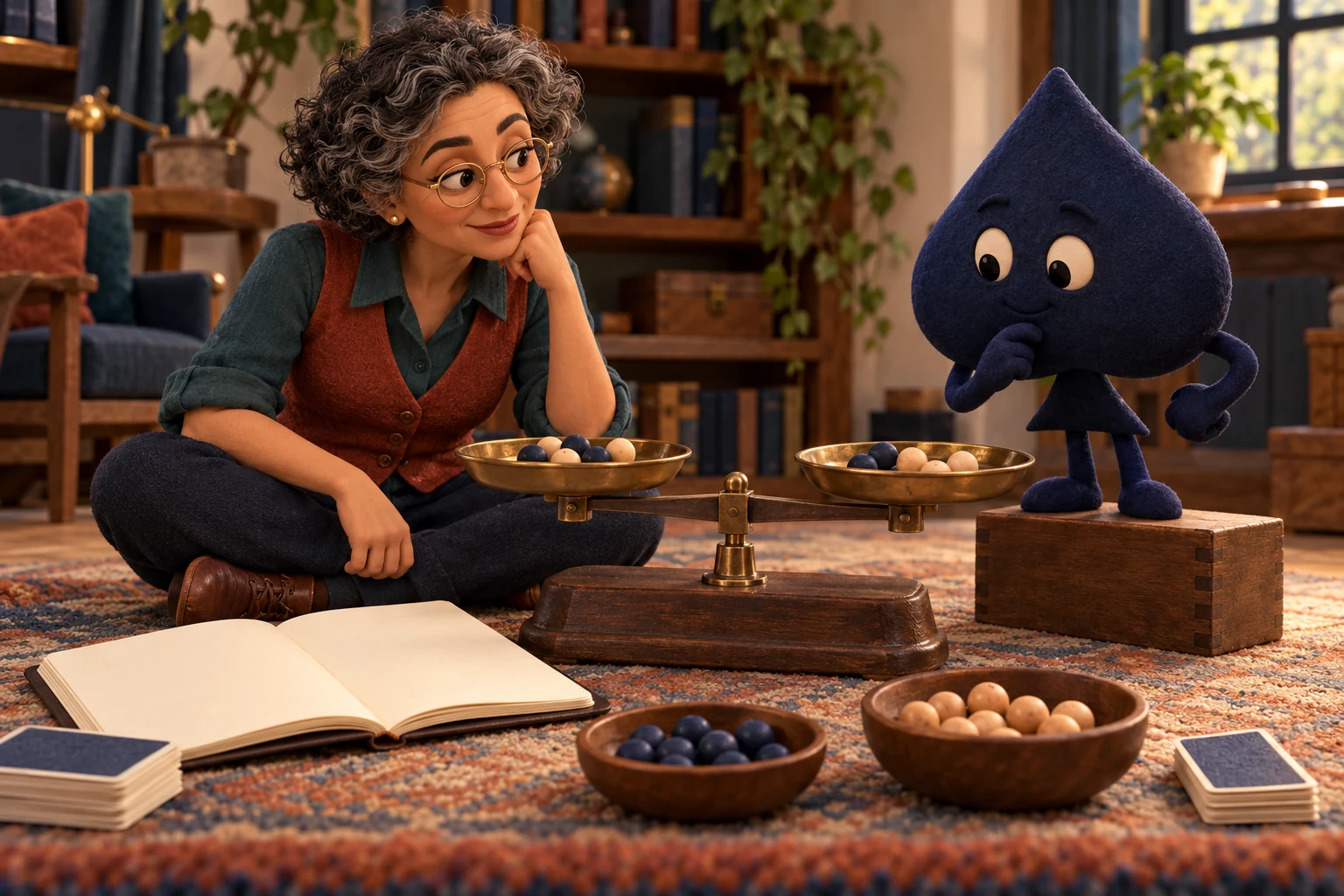 A clay-style Mara and navy spade study a balance scale and bowls of wooden beads beside a blank notebook.
