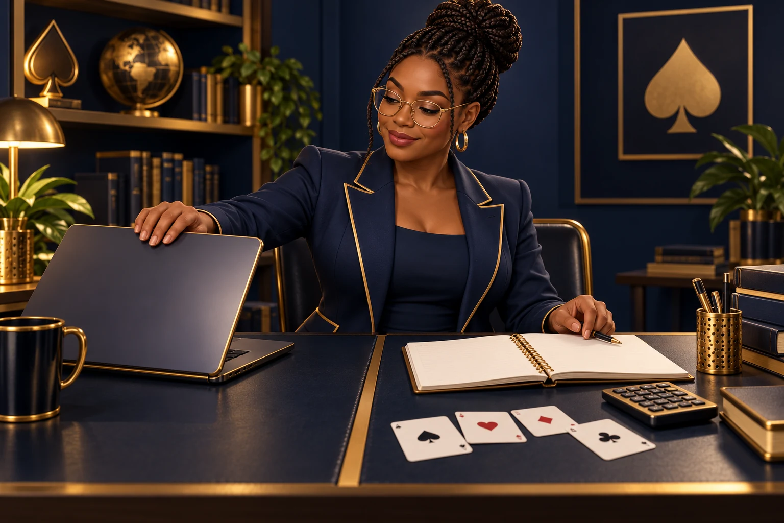 Amina closes a play laptop beside a separate notebook and fictional study materials.