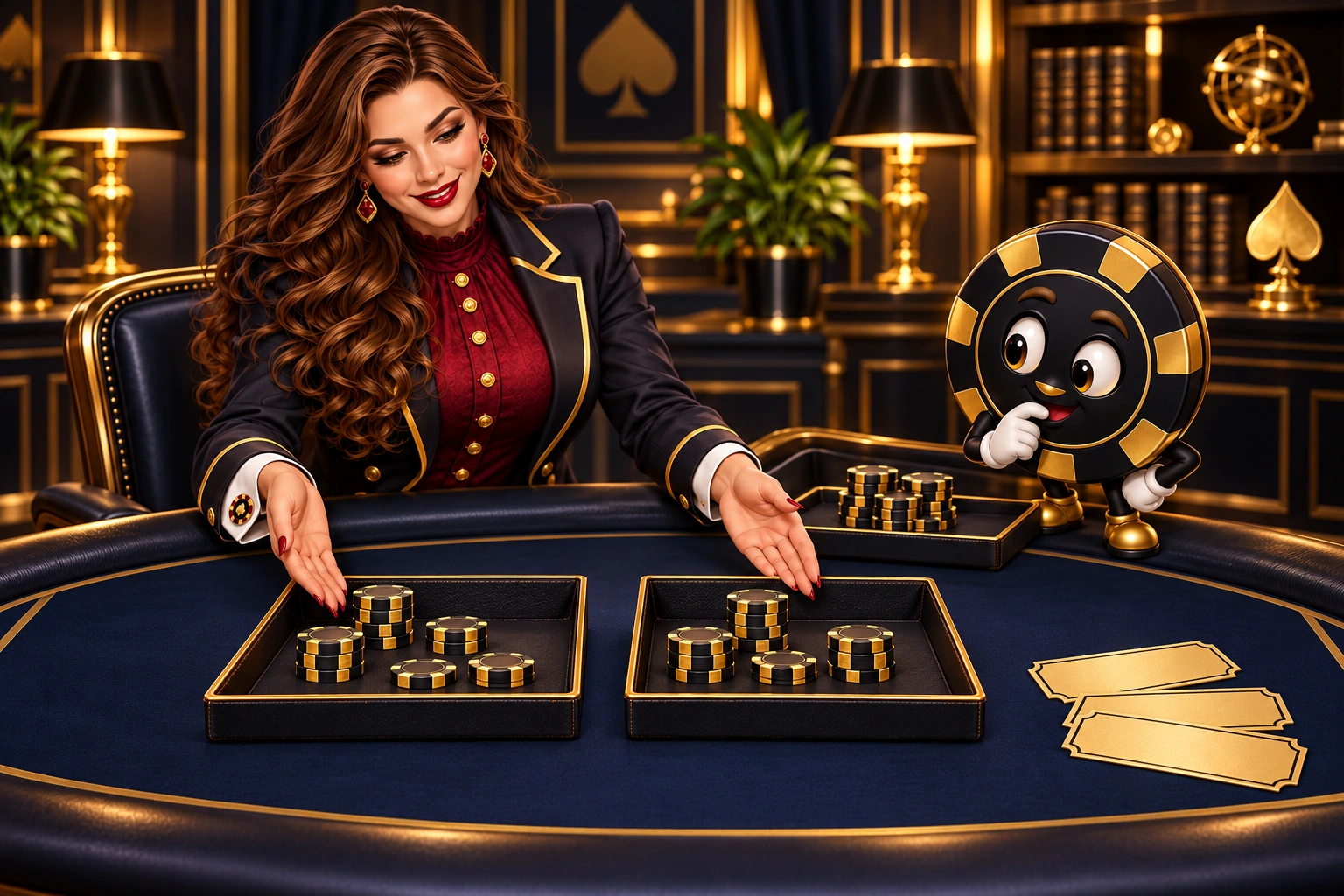 Victoria compares two chip trays while Ace the HPD spade keeps a separate reference tray behind them.