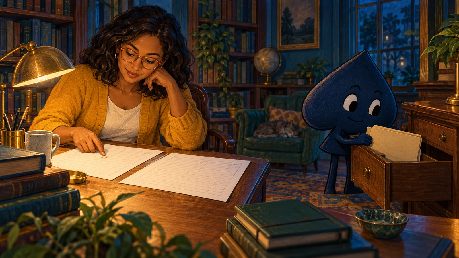The teacher checks two ledger pages while the HPD spade files a paper folder in a desk drawer.