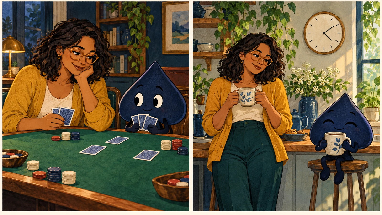 A two-panel illustration shows the teacher and HPD spade playing, then taking a tea break away from the table.
