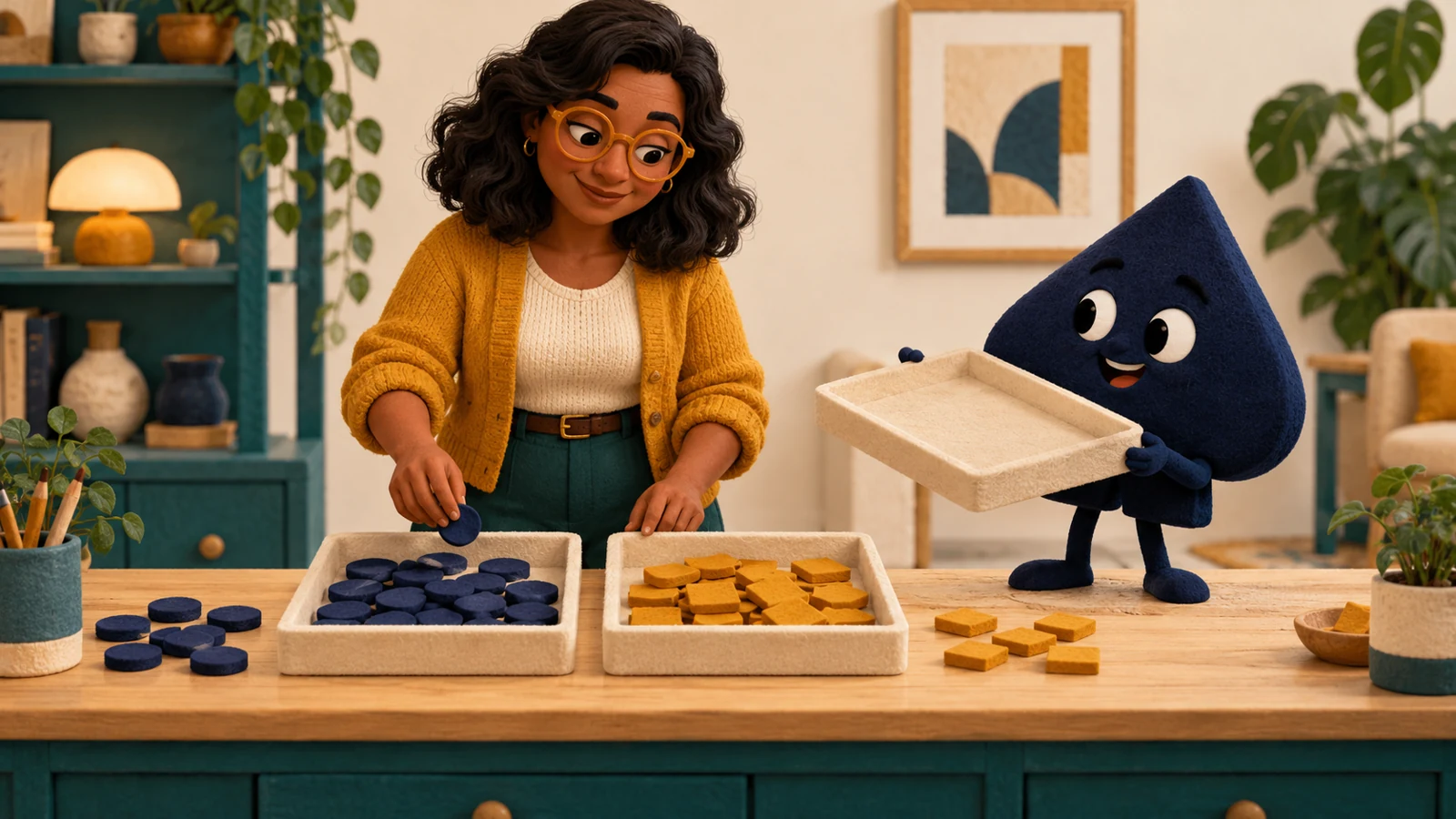 The teacher sorts round navy and square ochre tokens into separate trays beside Ace the HPD spade.
