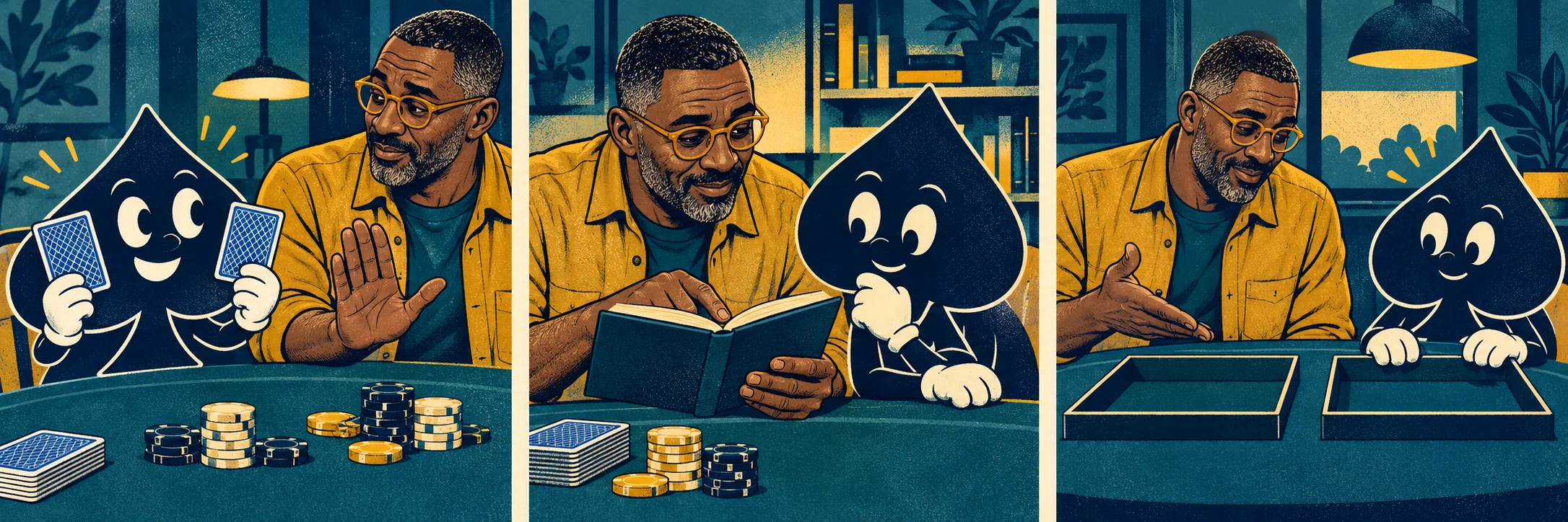Three comic panels show the spade presenting cards, Idris pausing to consult a rulebook, and both checking separate trays.