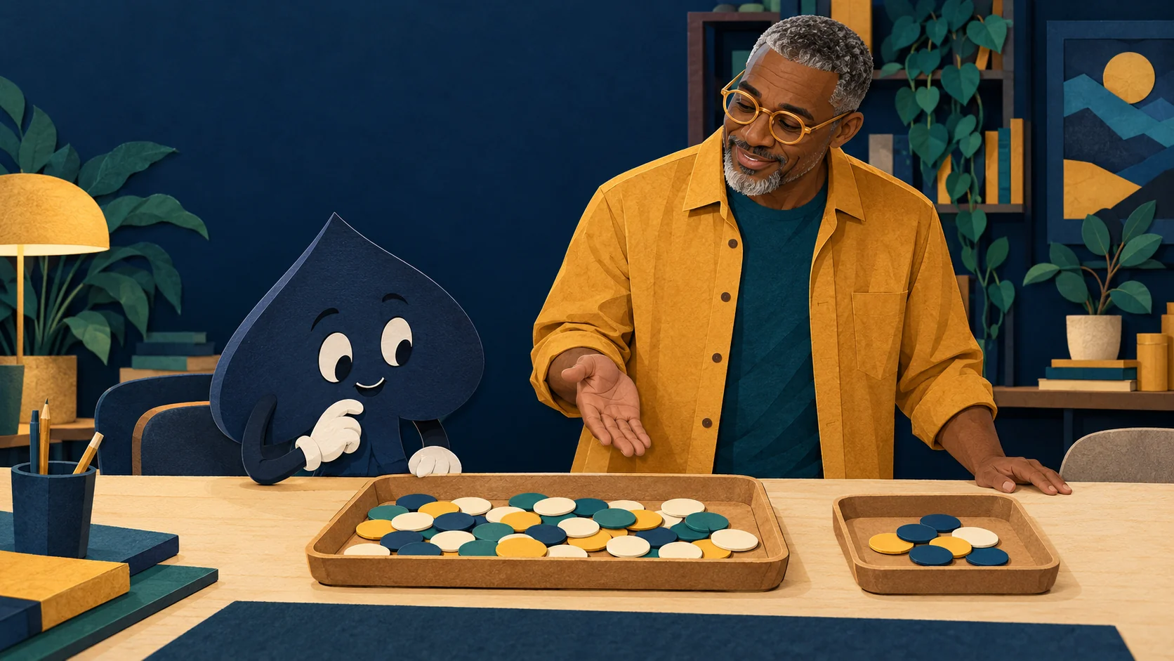 Idris gestures between a large pot tray and a smaller bounty tray while the navy spade considers the two.
