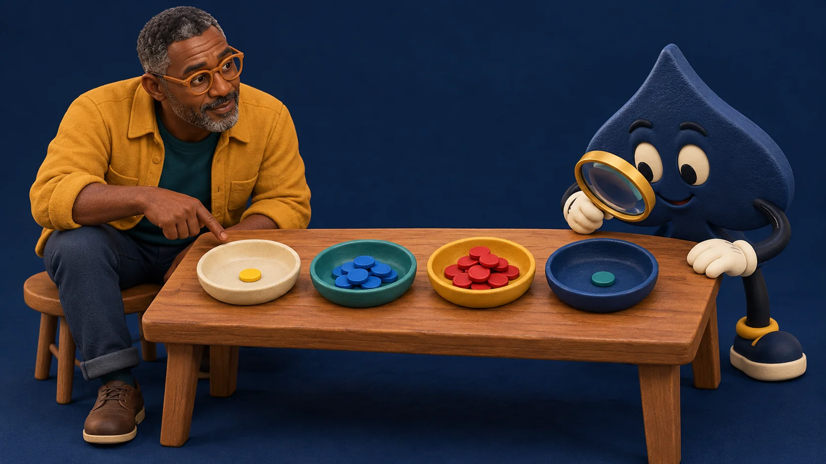 Idris and the navy spade examine four separate counter dishes, including two nearly empty dishes.