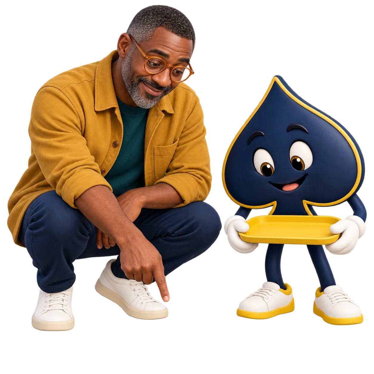 Idris crouches and points toward the practice controls beside the navy spade holding a yellow tray.