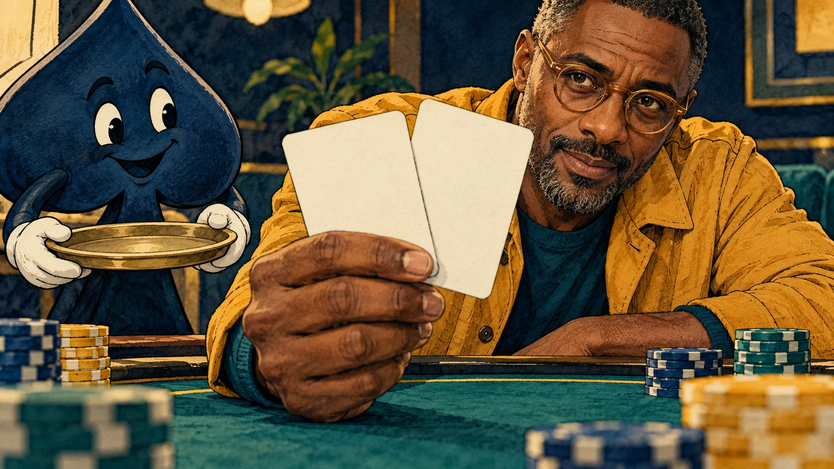 Idris holds two blank cards toward the viewer as the navy spade waits beside an empty tray.