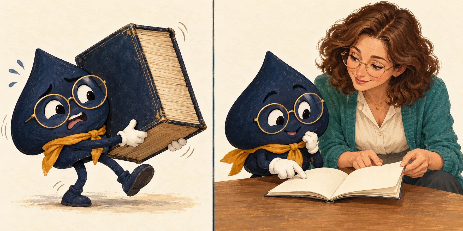 In a two-panel comic, the navy HPD spade struggles with a heavy book before Mara helps him read a thinner open booklet.