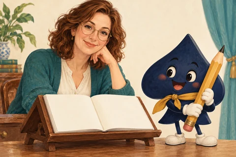 Mara sits beside an open blank notebook while the navy HPD spade holds an oversized pencil and invites another question.