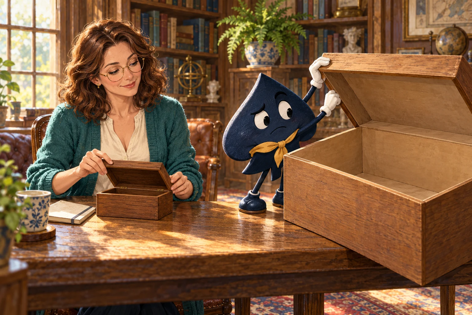 Mara opens a compact wooden box while the navy HPD spade wrestles with the lid of a much larger empty box.
