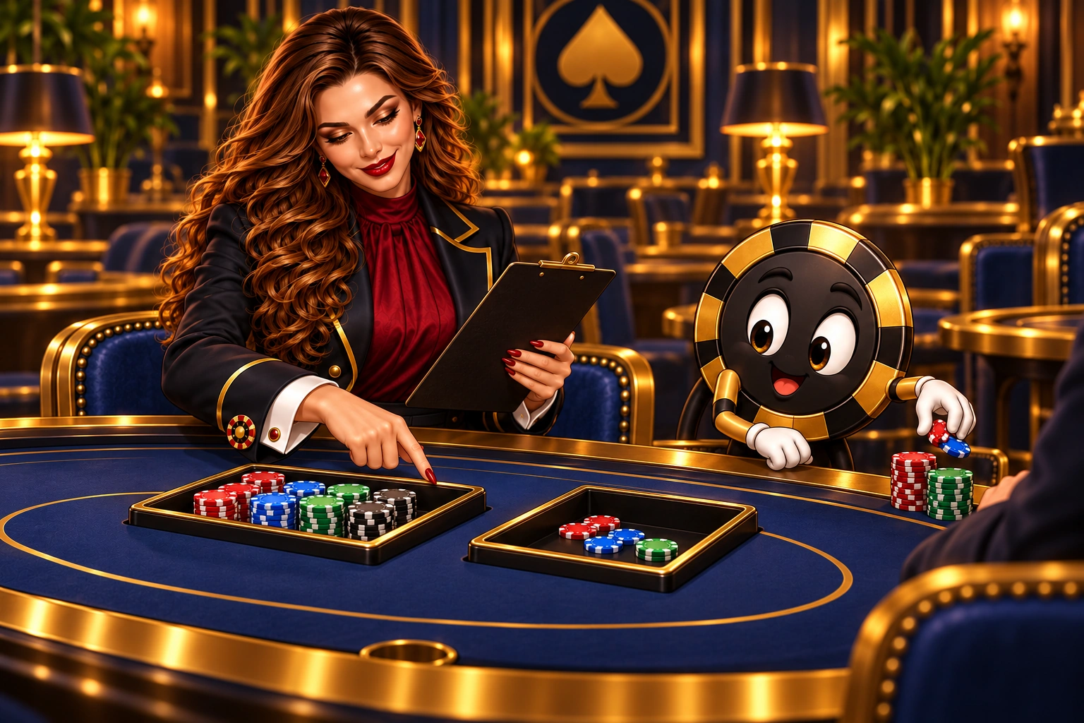 Victoria reviews separate chip trays while Ace the HPD spade returns chips beside a player's stack.