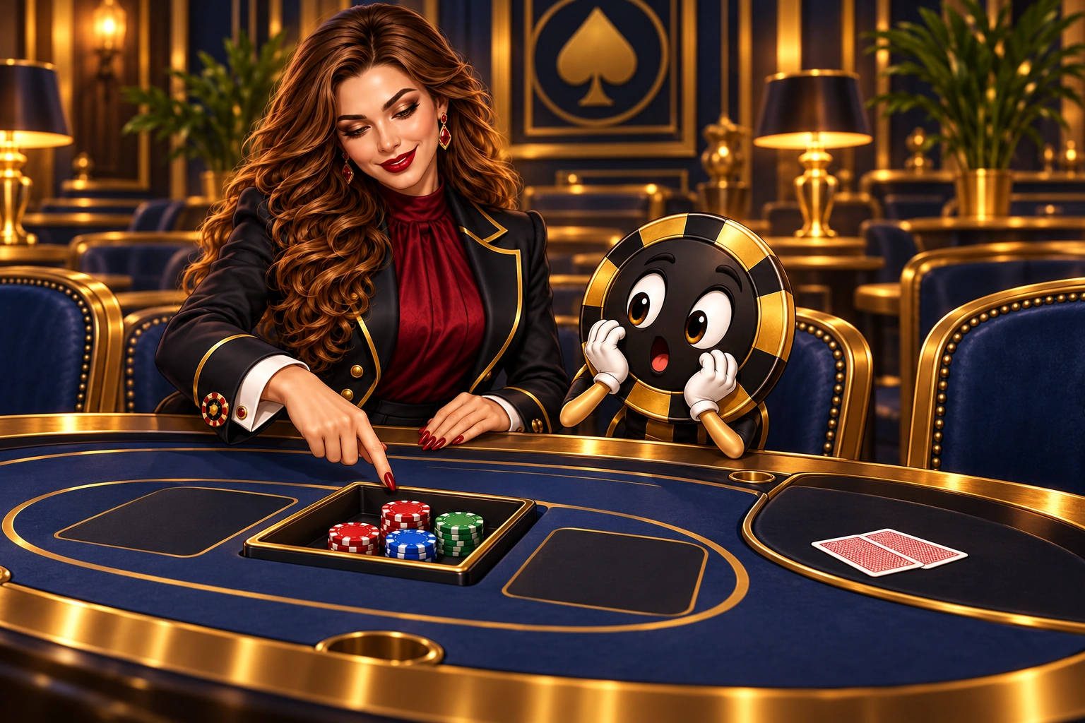 Victoria points to committed chips while folded cards rest beside an empty chair.