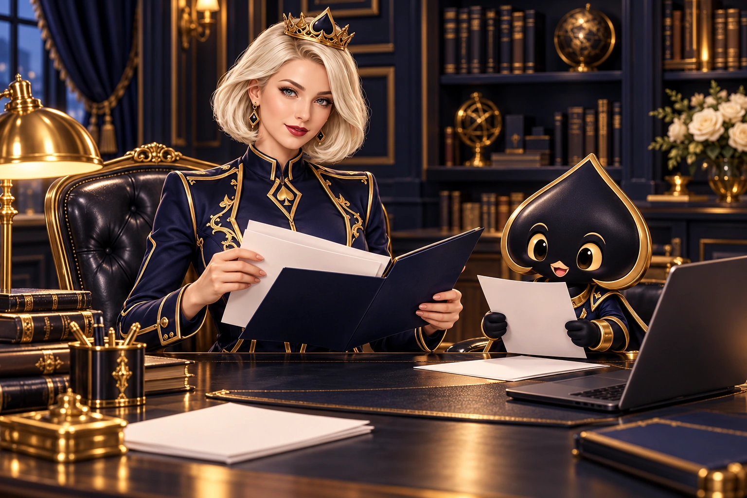 Aurora opens a navy folder of blank sheets while Ace the HPD spade holds a separate study page.