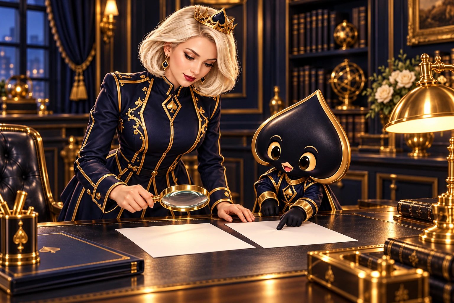 Aurora examines two blank report sheets with a magnifying glass while Ace the HPD spade points to one of the sheets.