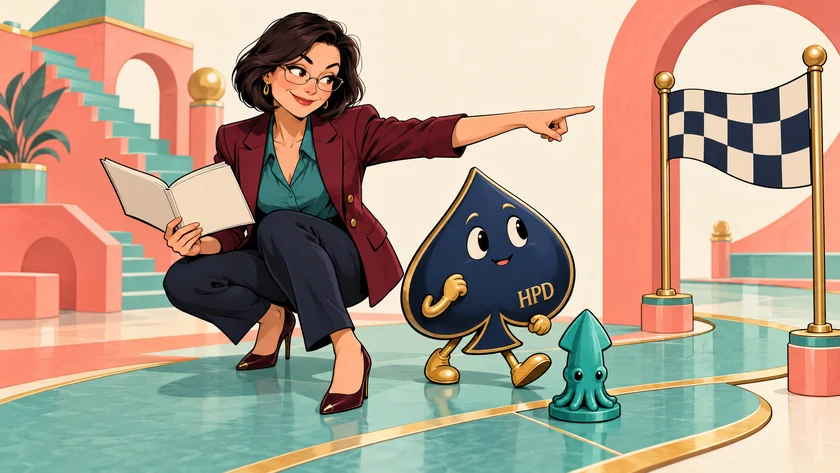Mara points at a finish flag while the HPD spade stops beside a squid lesson token.