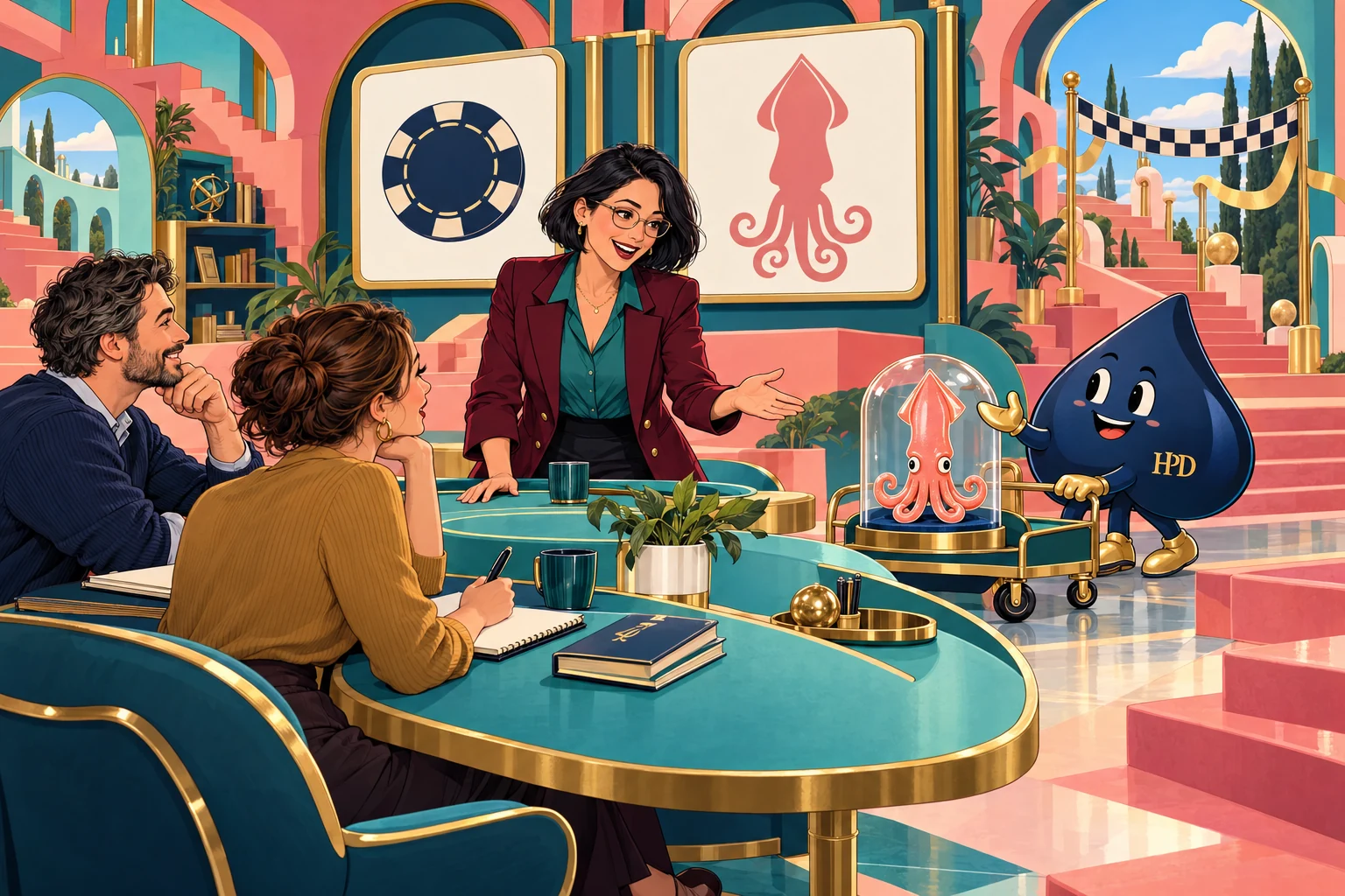 A teacher and two learners meet Ace the HPD spade in a coral-and-teal game-show classroom.