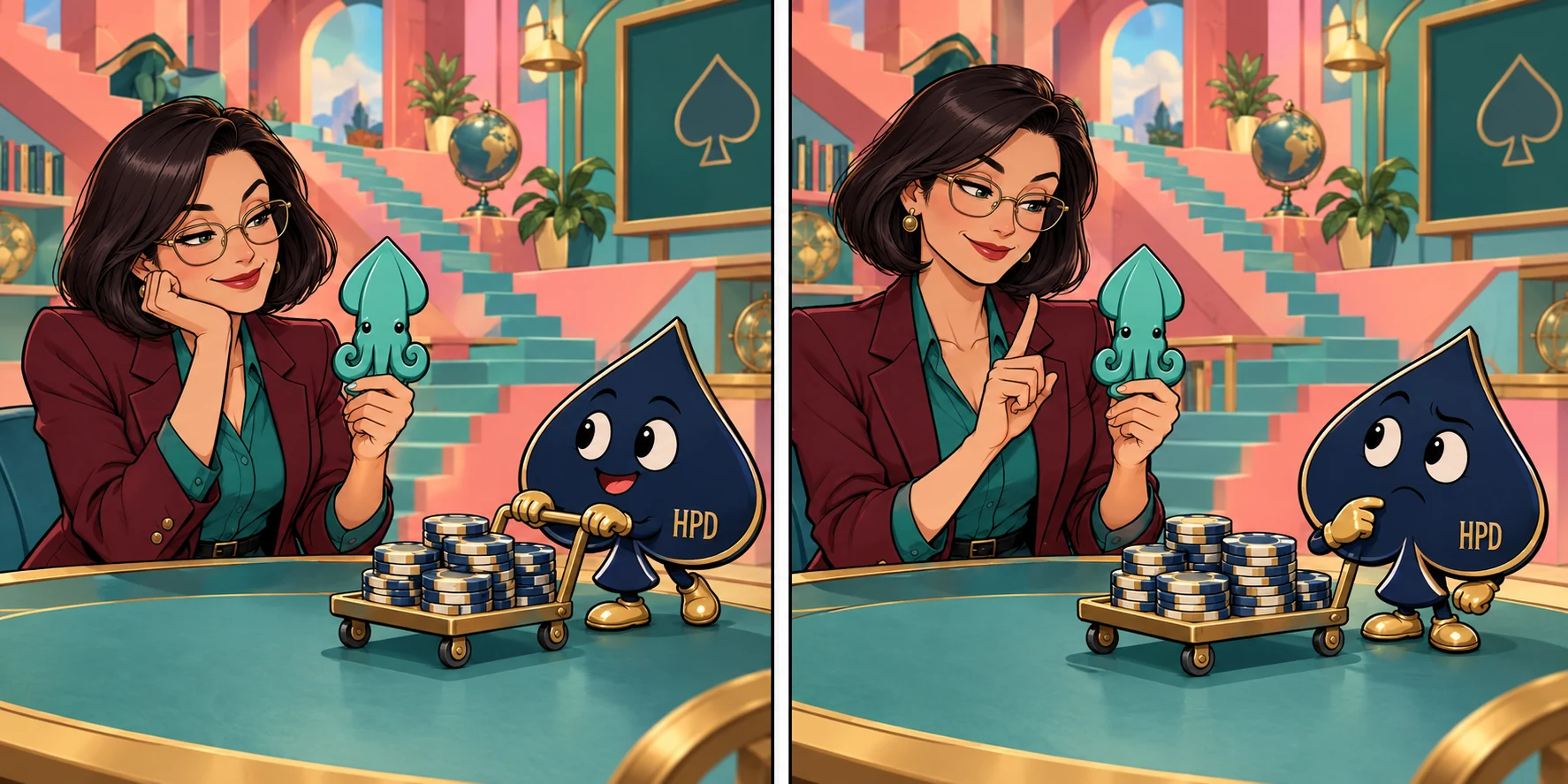 Two comic panels show Mara keeping one squid marker while the HPD spade brings more chips and then notices the one-marker rule.