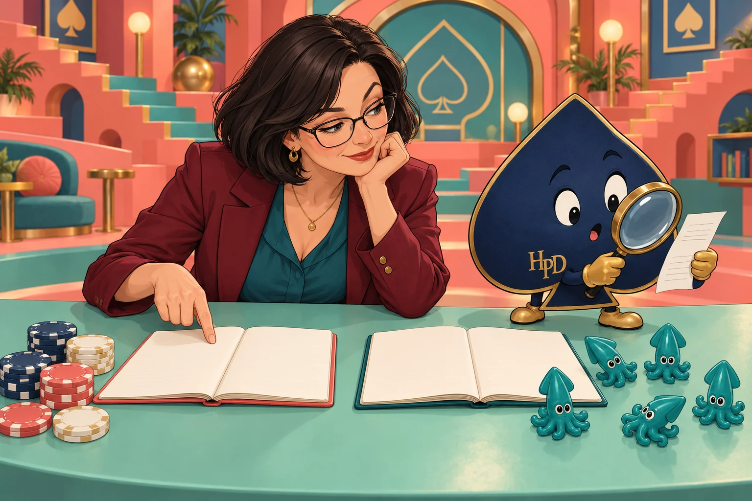 Mara separates poker chips from squid counters while the navy HPD spade inspects a receipt through a magnifying glass.