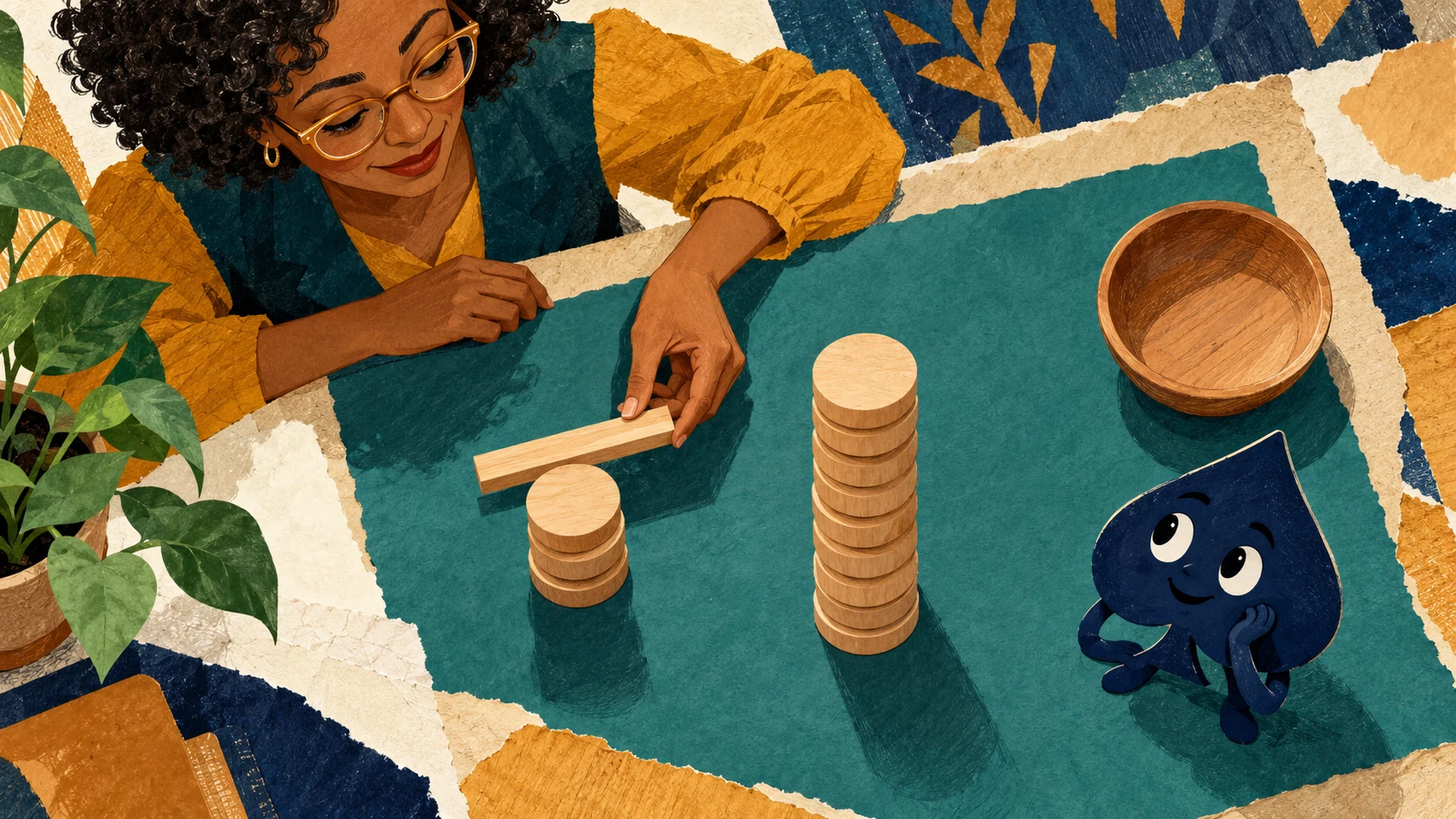 In an overhead paper-collage scene, Mina places a plain crossbar beside the shorter of two wooden-disc stacks while the HPD spade watches.