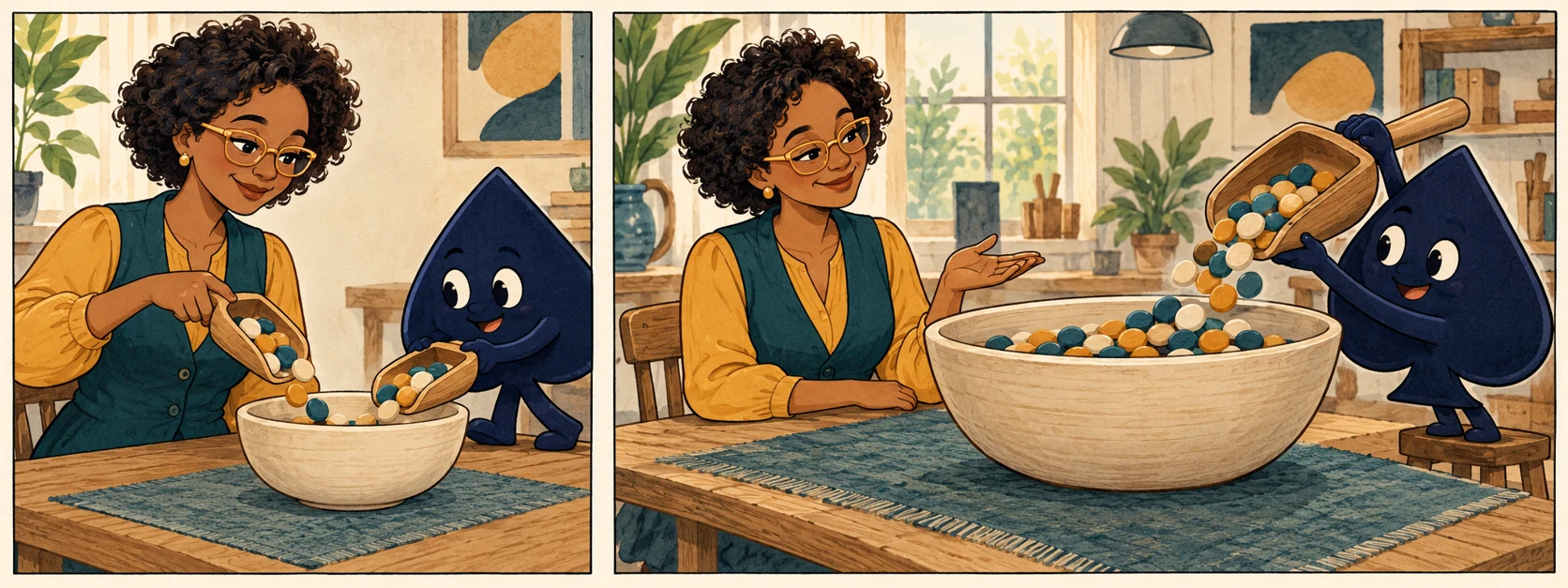 A two-panel comic shows Mina and the HPD spade adding matching scoops of counters, then working beside a larger bowl with a larger scoop.