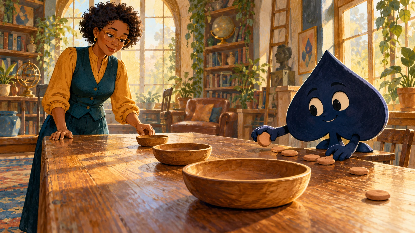 Mina, a teacher in amber glasses and a teal waistcoat, arranges growing wooden bowls while the navy HPD spade moves plain counters along a bench.