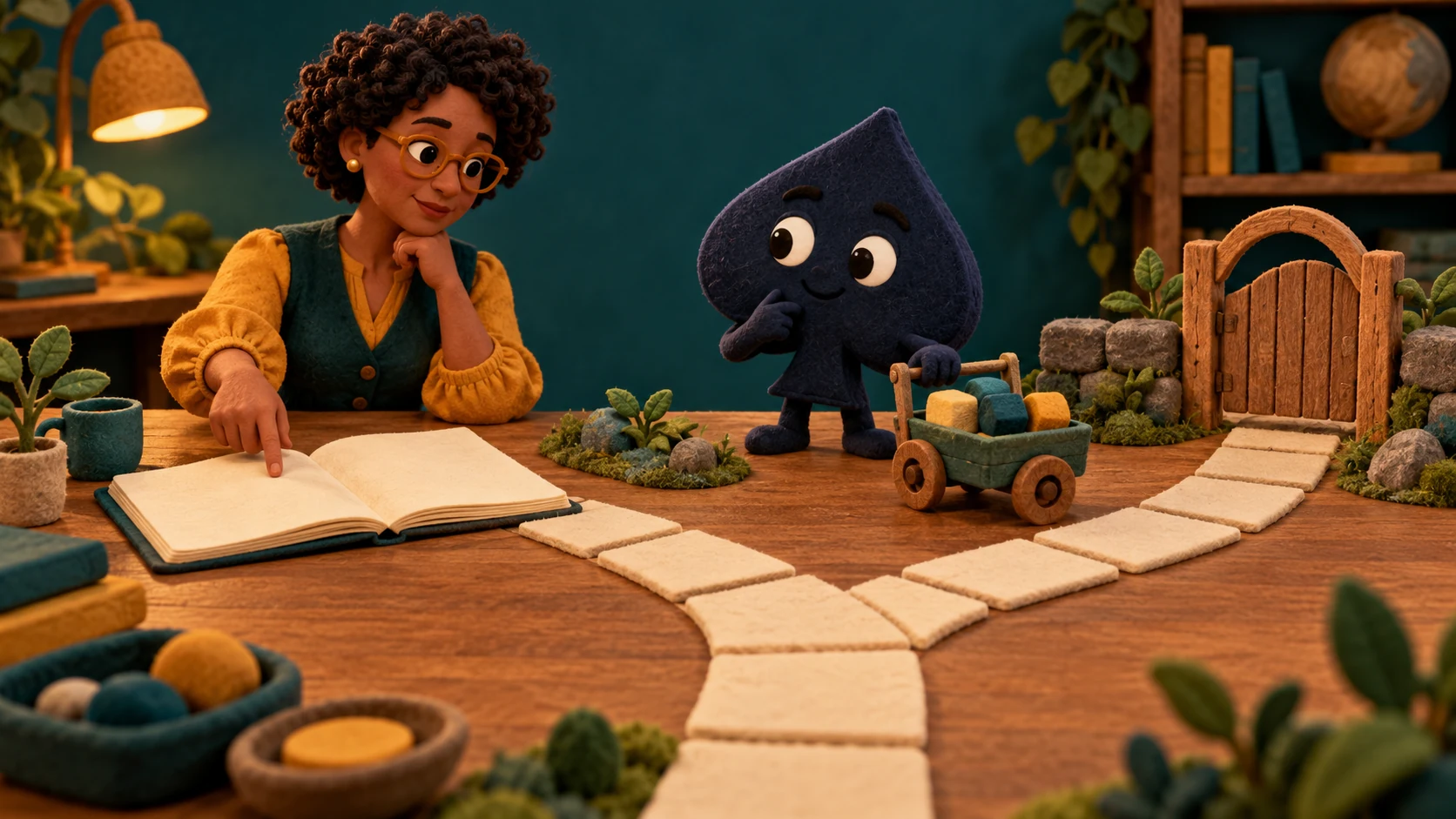 A clay-style Mina points to a blank notebook while the navy HPD spade pauses a small counter cart at a fork in a tabletop path.