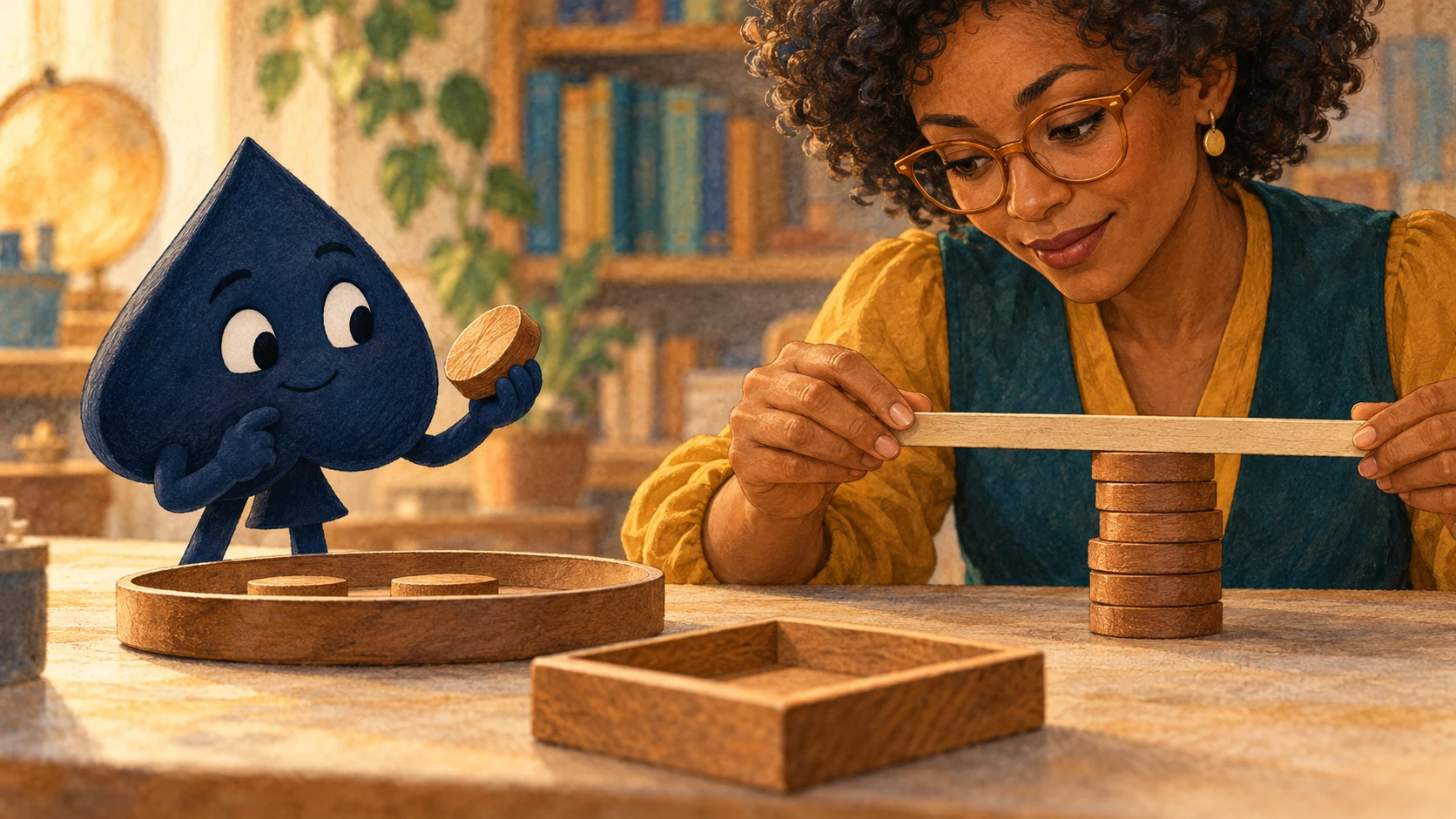 Mina holds an unmarked wooden straightedge over a stack of discs while the HPD spade pauses with one last disc above a tray.