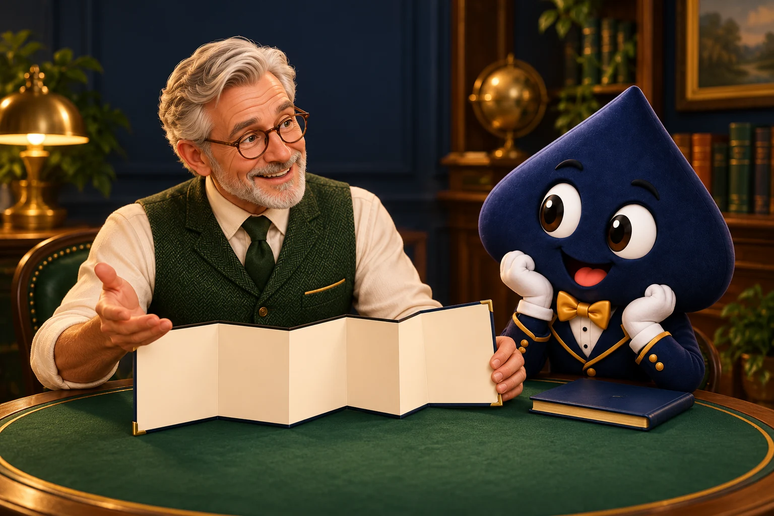 Ellis, a silver-haired teacher in a green waistcoat, opens a blank lesson book beside Ace the HPD spade.