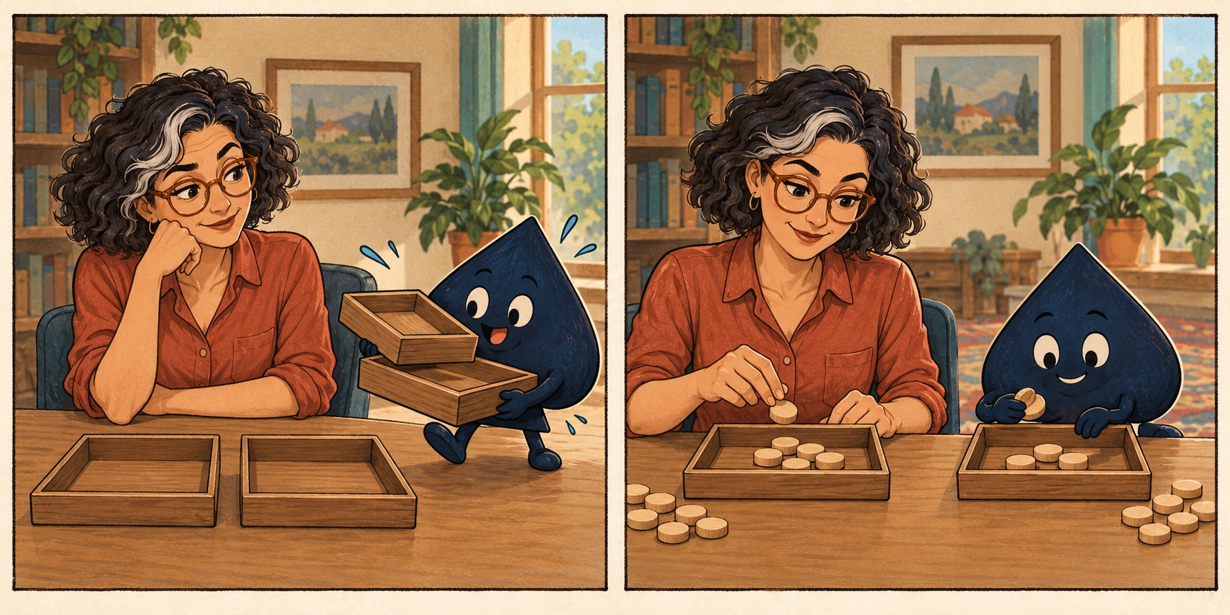 Mara watches the navy spade struggle with empty trays, then they sit together sorting plain wooden counters in a two-panel comic.