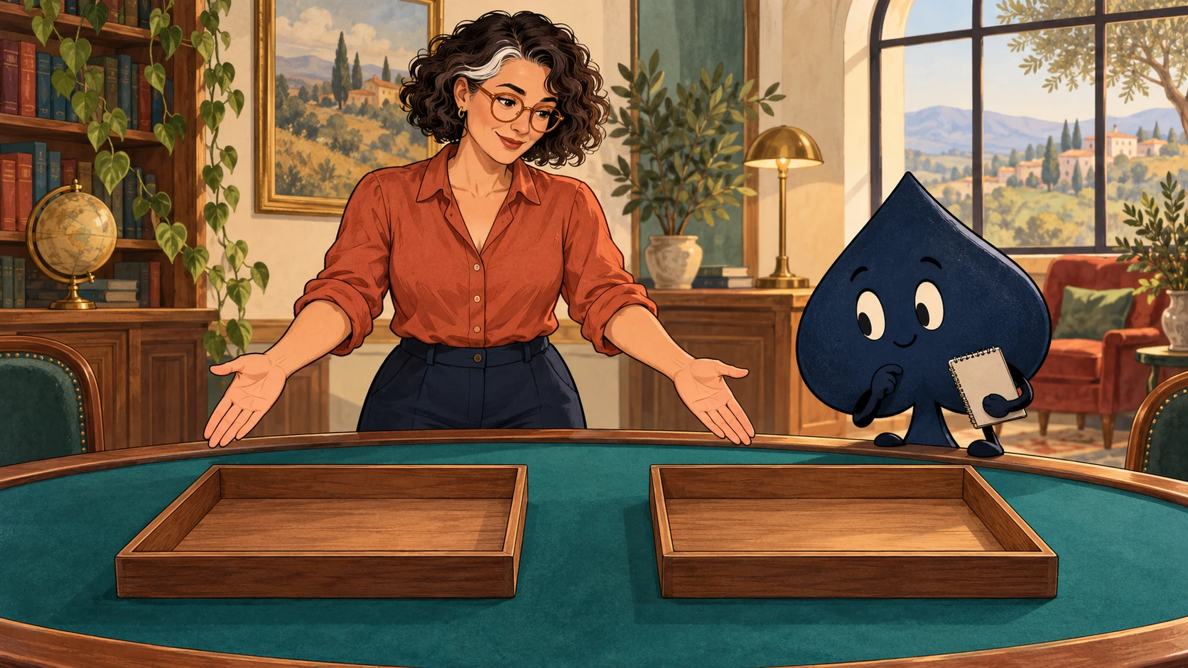 Mara, a teacher with curly dark hair and amber glasses, welcomes the navy HPD spade beside two empty sorting trays.