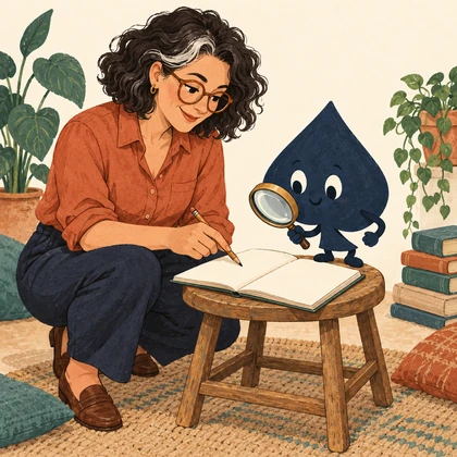Mara leans over an open notebook with a pencil while the navy spade examines the blank page through a magnifying glass.