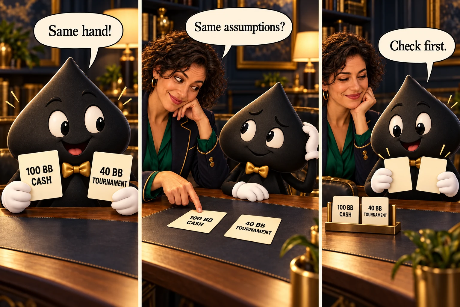 Three-panel comic: Ace the HPD spade says 'Same hand!' over 100 BB cash and 40 BB tournament cards. The teacher asks 'Same assumptions?' Ace the HPD spade replies 'Check first.'