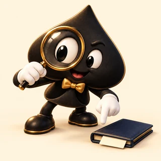 A detective-like Ace the HPD spade peers through a huge magnifying glass and points down at a closed notebook.
