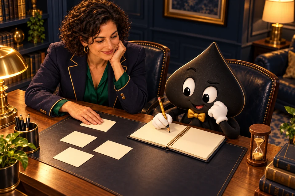 The adult female teacher keeps an answer card facedown while Ace the HPD spade thinks and writes its own attempt.