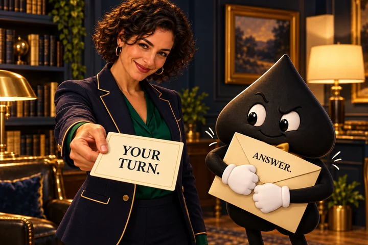 The adult female teacher offers the reader a card saying 'Your turn' while Ace the HPD spade hugs the answer envelope shut.