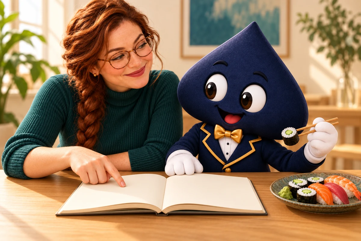 The teacher points to a blank open booklet as Ace the HPD spade pauses with sushi in its chopsticks.