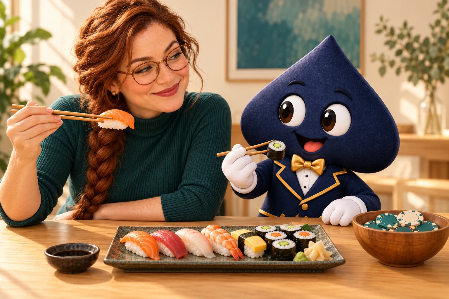 An auburn-braided adult teacher and Ace the HPD spade smile over sushi, with a separate bowl of poker chips on the table.