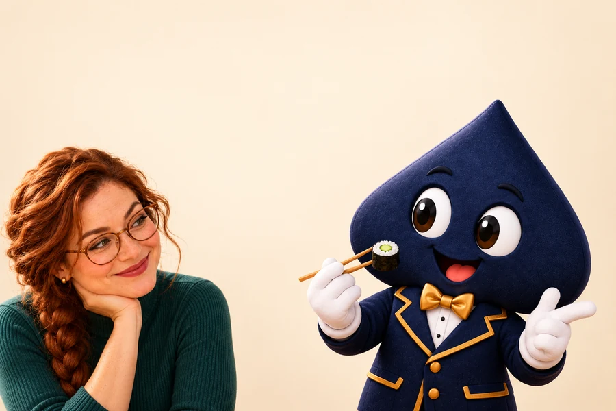 The smiling Ace the HPD spade holds sushi in chopsticks and makes a pointing gesture, beside a smaller cameo of the auburn-braided teacher.