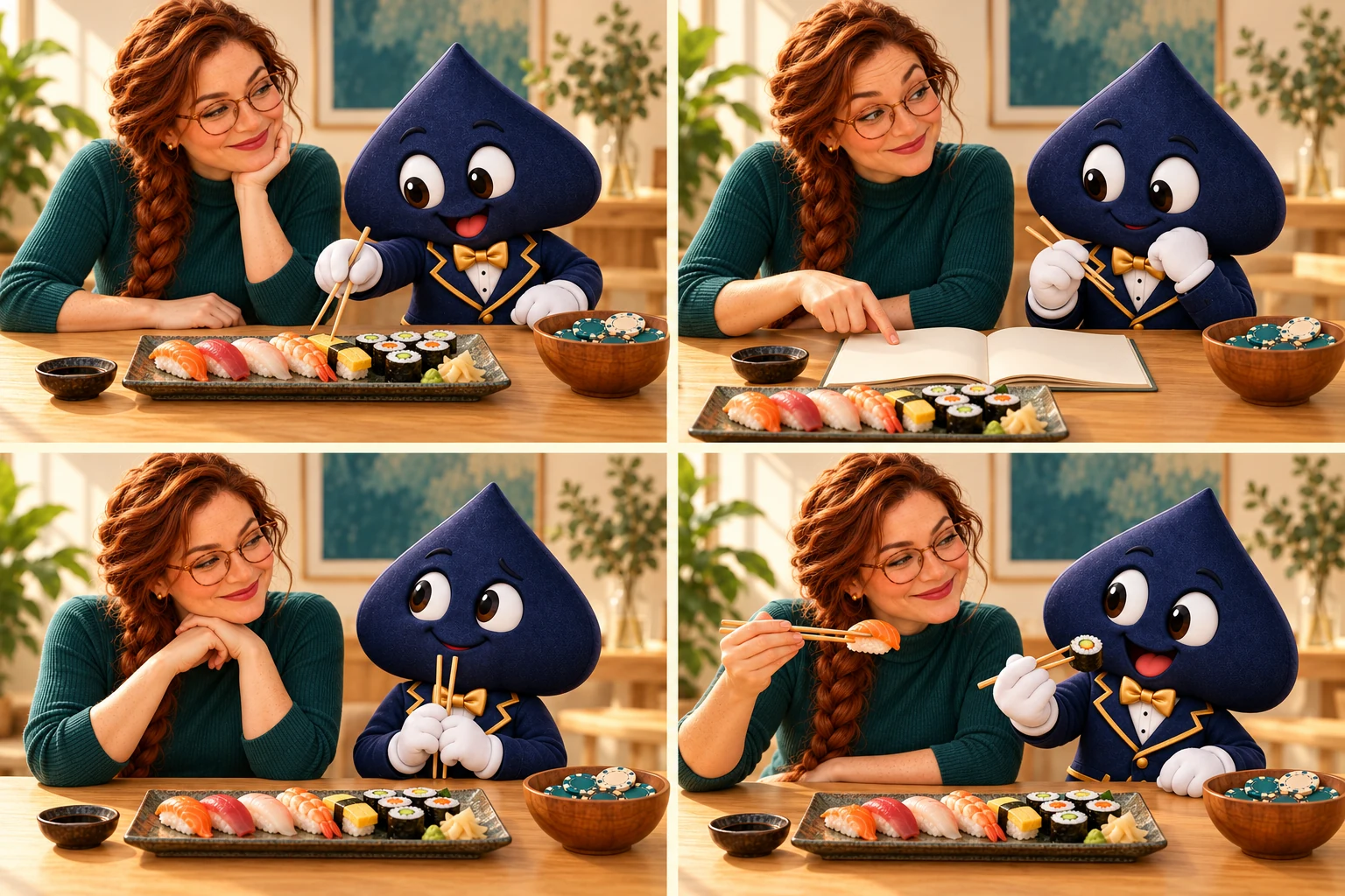 Four panels show Ace the HPD spade reaching for sushi, pausing over a blank booklet with the teacher, waiting, then sharing the snack.