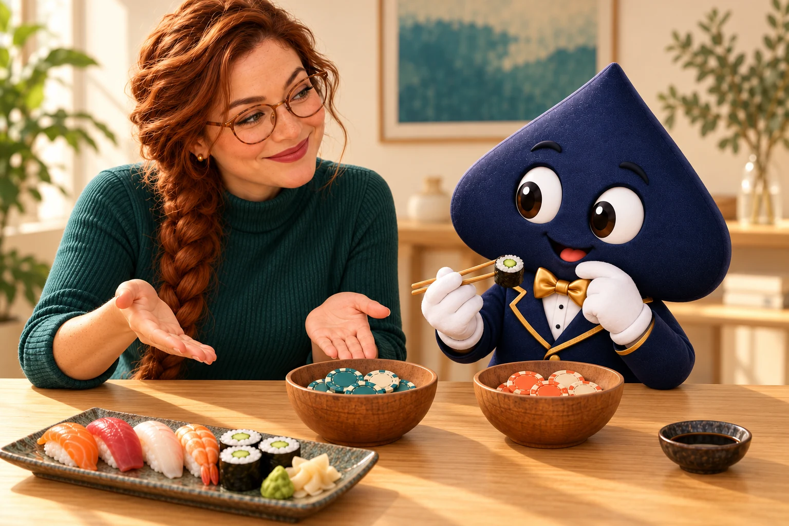 The teacher gestures toward two separate wooden bowls of teal and coral chips while Ace the HPD spade pauses with a sushi roll in chopsticks.