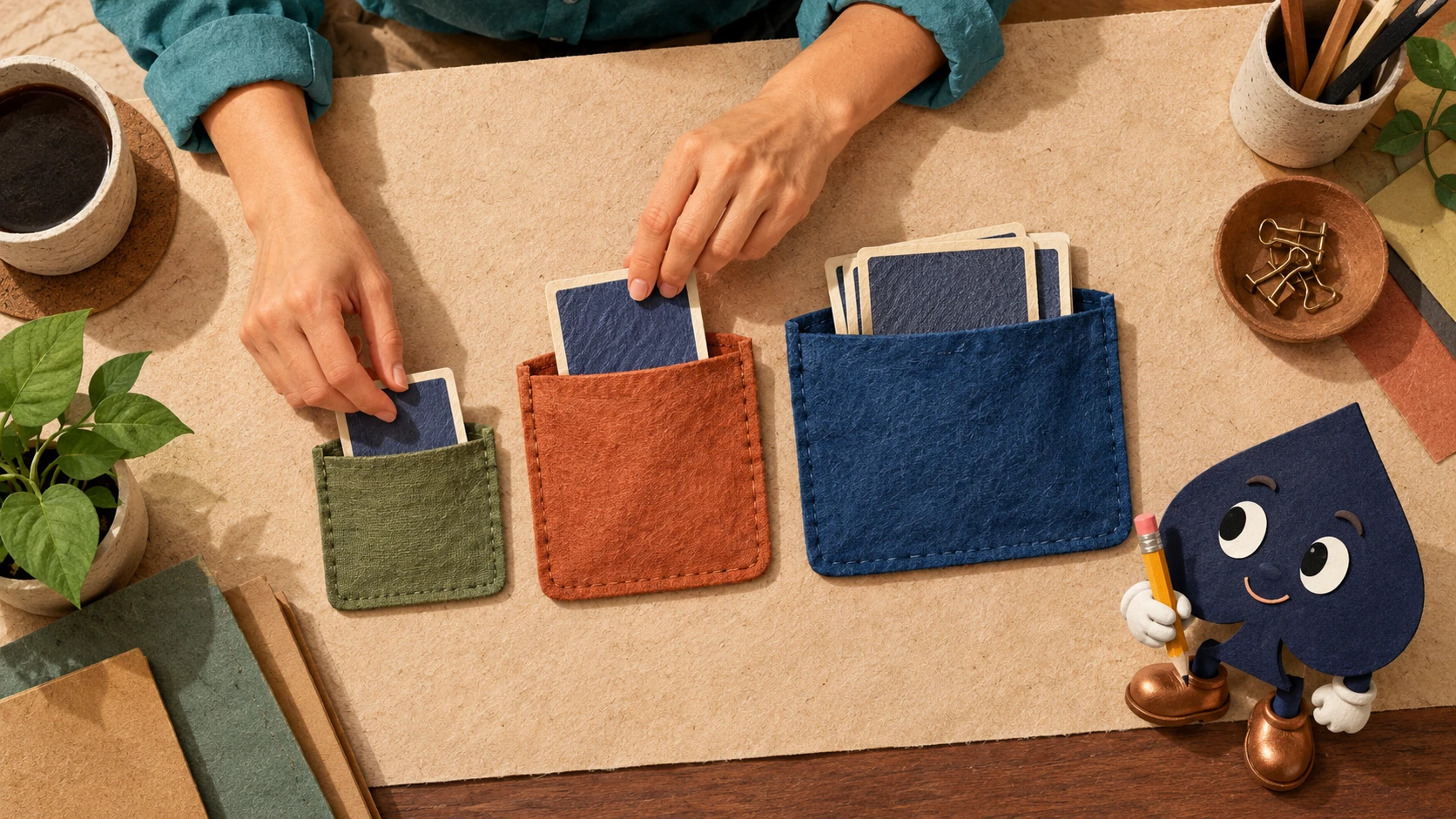 An overhead cut-paper study scene shows the teacher's hands placing plain card backs into three fabric pockets, watched by the navy spade with a pencil.