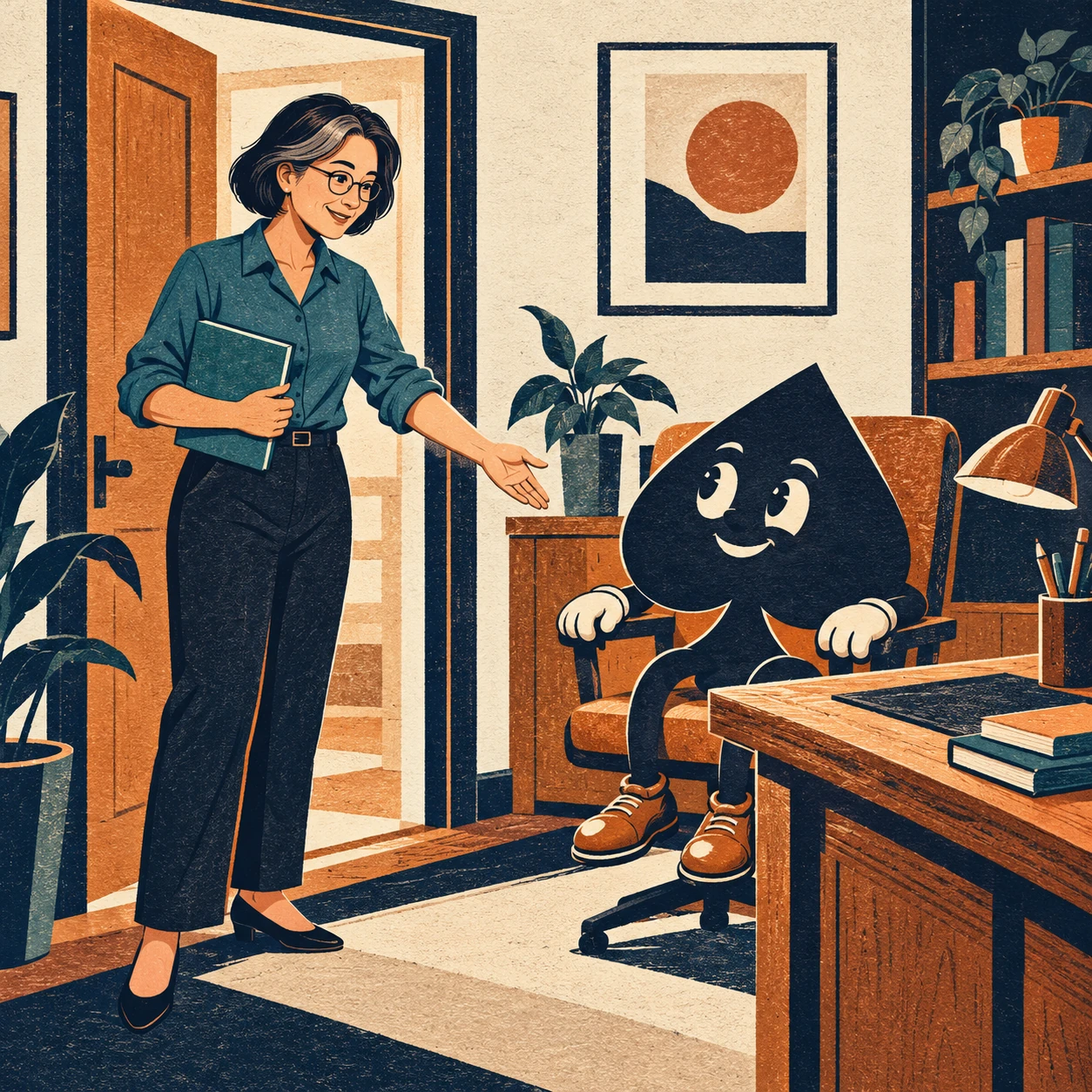 A woodcut-style adult teacher holds a notebook beside an open study doorway while the navy spade waits in a chair.