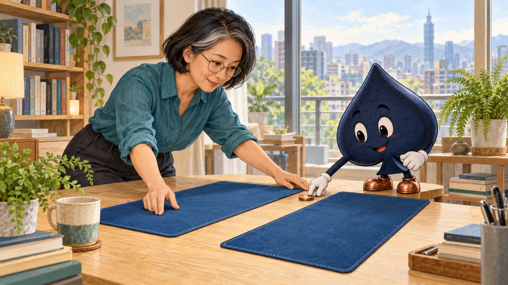 Mei, a teacher with a grey-streaked bob and teal shirt, separates two blue study mats while the navy spade sets a wooden marker between them.