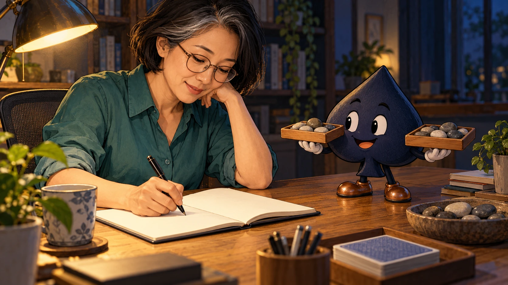 Mei writes in a blank notebook under a lamp while the spade balances two wooden trays of pebbles.