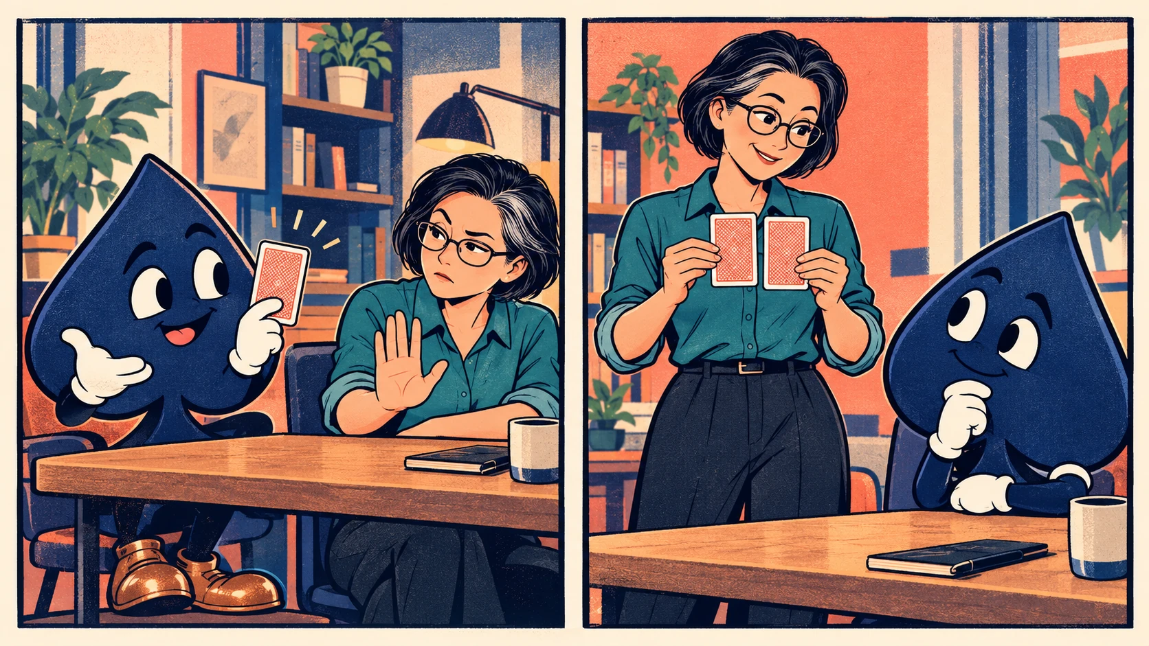 In a two-panel ink comic, the spade offers one card; Mei pauses it, then holds up two card backs for the next explanation.