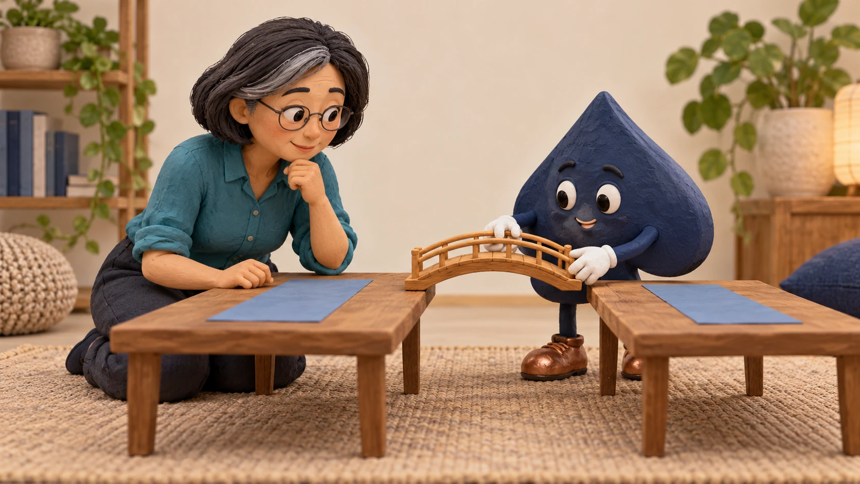 A clay-model teacher and navy spade examine two separate low study tables with a small bridge between them.