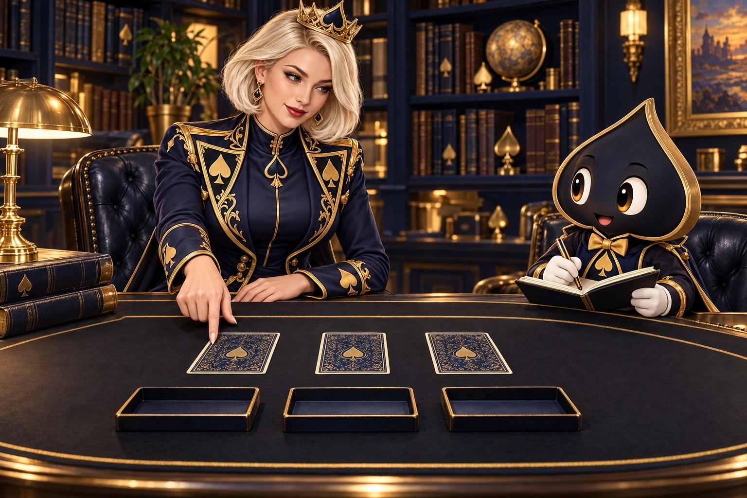 Aurora points to three face-down flop cards beside separate blank sorting trays while Ace the HPD spade takes notes.