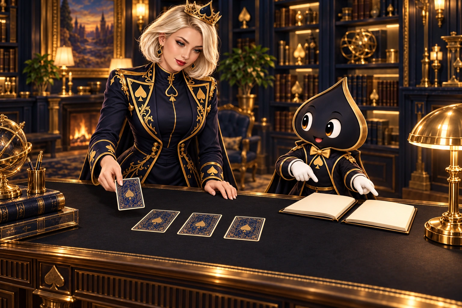 Aurora holds a fourth face-down card beside a three-card flop while Ace the HPD spade compares two blank notebooks.