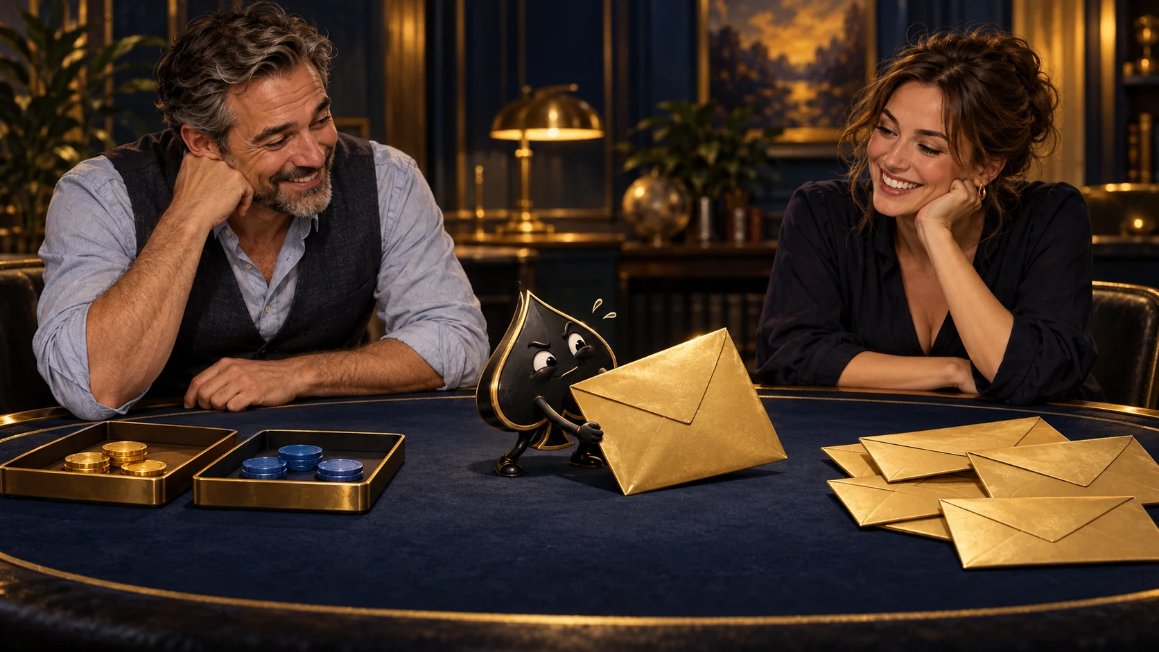 Two adults compare split chip trays and sealed bounty envelopes while Ace the HPD spade struggles cheerfully with a large envelope.